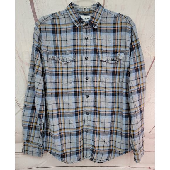 Sonoma Mens Medium Blue Brown Plaid Button Up Shirt - Picture 2 of 8